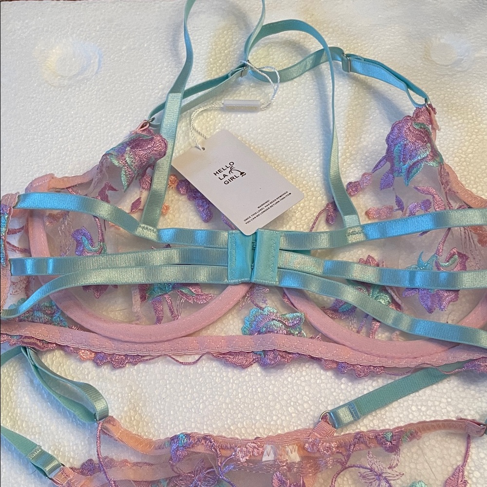 NWT La girl Elegant Floral Lace Bra Set - Pastel Pink /lavender /teal size S - Picture 8 of 13